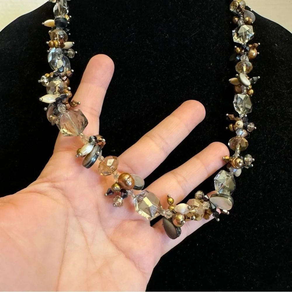 925 Sterling Silver Aurora Borealis Vintage Necklace Pearl Shells Crystals 25
